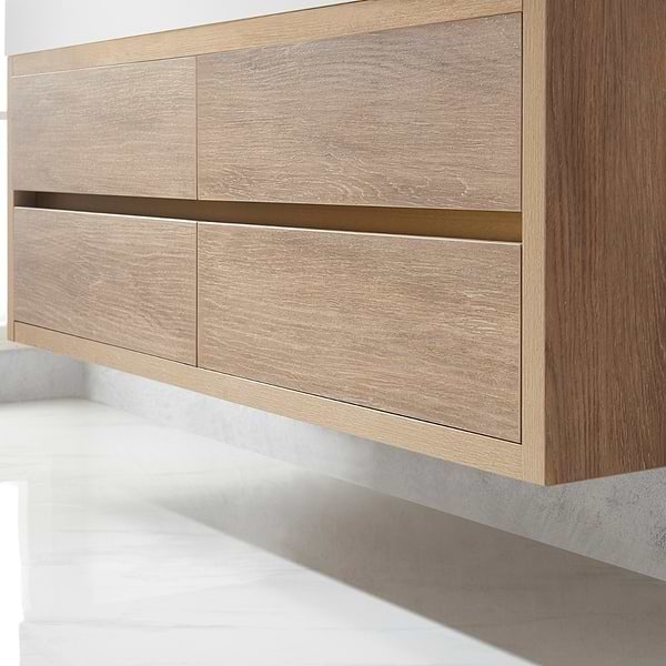 Serrano Blonde Oak 60" Double Floating Vanity with White Integrated Top