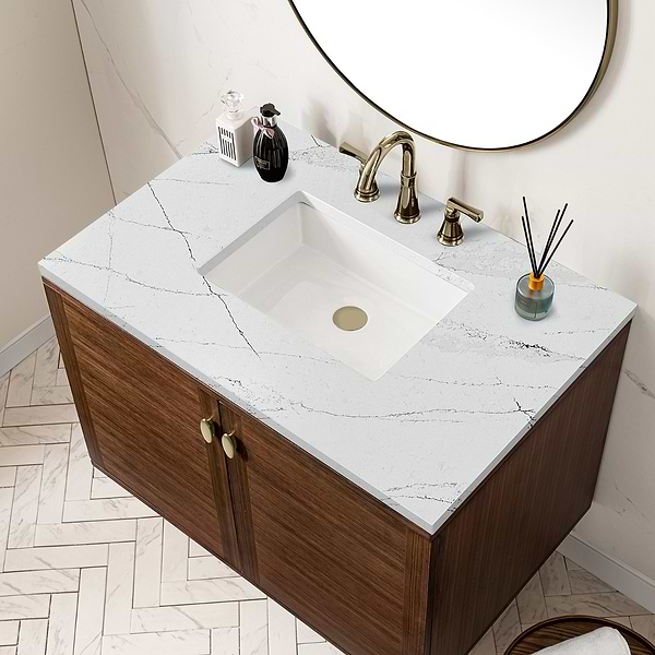 James Martin Vanities Amberly Mid-Century Walnut 36" Single Vanity with Ethereal Noctis Quartz Top