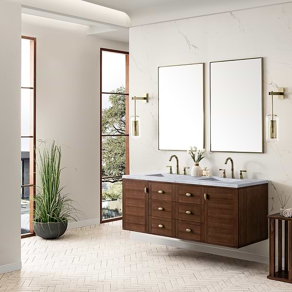 James Martin Vanities Amberly Mid-Century Walnut 60" Double Vanity with Carrara Marble Top