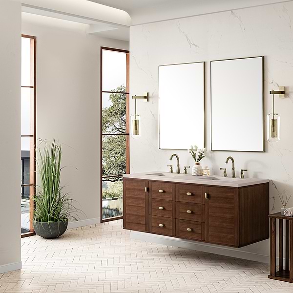 James Martin Vanities Amberly Mid-Century Walnut 60" Double Vanity with Eternal Marfil Quartz Top