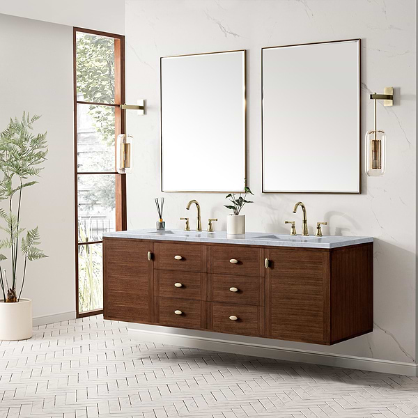 James Martin Vanities Amberly Mid-Century Walnut 72" Double Vanity with Carrara Marble Top