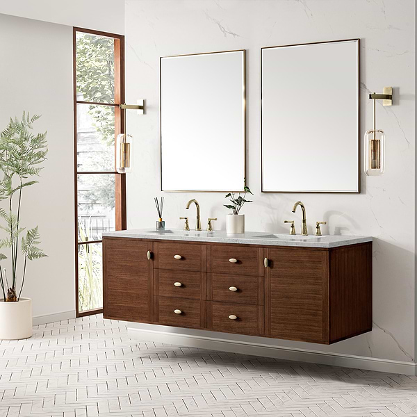 James Martin Vanities Amberly Mid-Century Walnut 72" Double Vanity with Eternal Jasmine Pearl Top