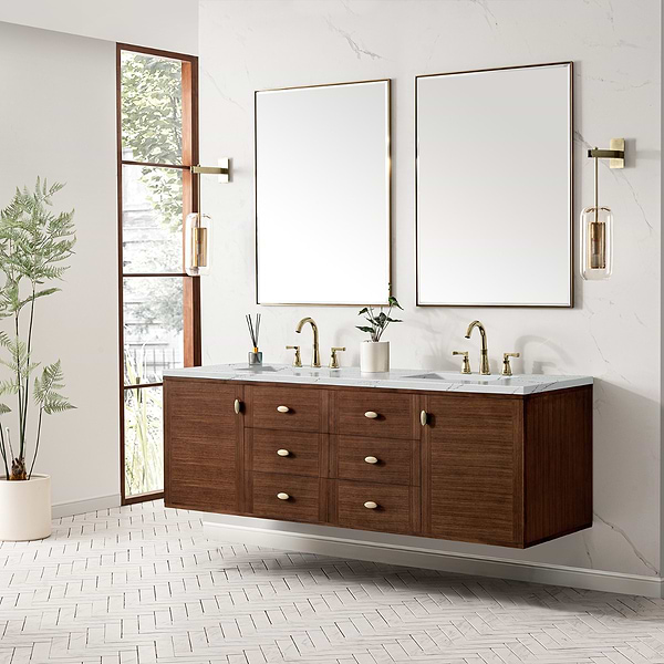 James Martin Vanities Amberly Mid-Century Walnut 72" Double Vanity with Ethereal Noctis Quartz Top