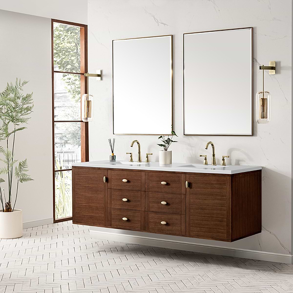 James Martin Vanities Amberly Mid-Century Walnut 72" Double Vanity with White Zeus Quartz Top