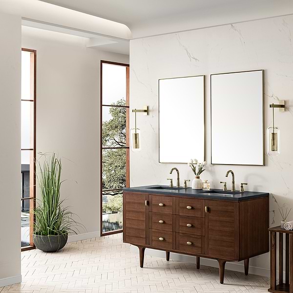 James Martin Vanities Amberly Mid-Century Walnut 60" Double Vanity with Charcoal Soapstone Quartz Top