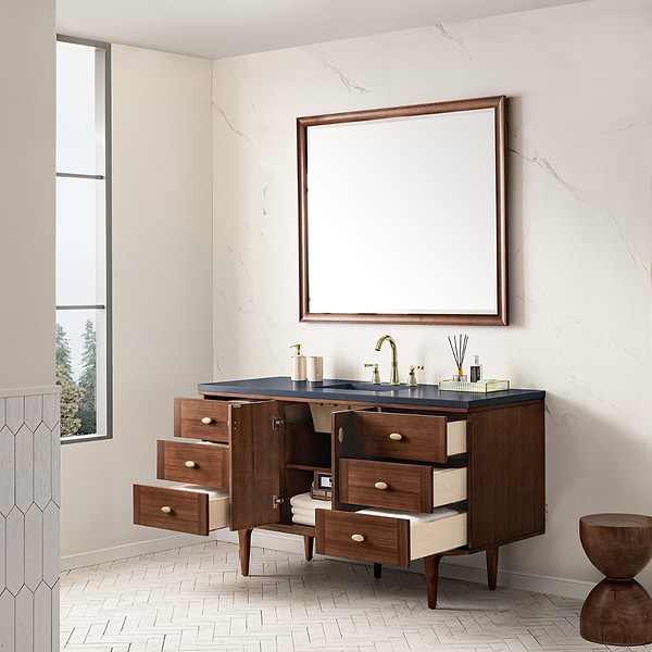 James Martin Vanities Amberly Mid-Century Walnut 60" Single Vanity with Charcoal Soapstone Quartz Top