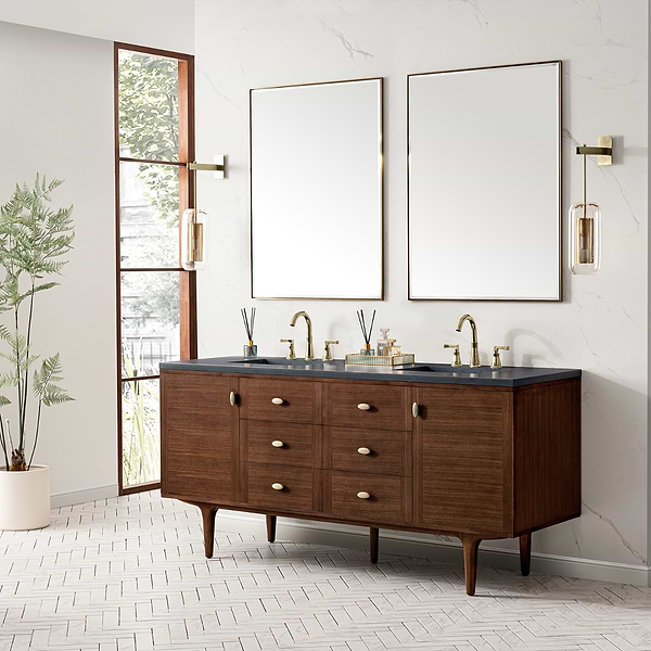 James Martin Vanities Amberly Mid-Century Walnut 72" Double Vanity with Charcoal Soapstone Quartz Top