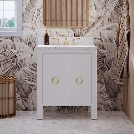 Selene White Textured Linen 30" Single Vanity with Carrara Marble Top