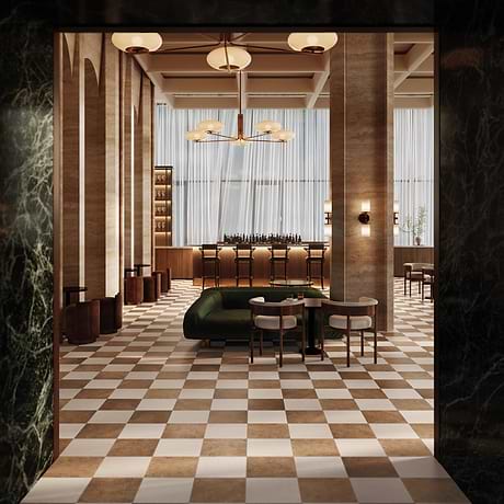 Alterno Noce Dark Brown Cross Cut and Crema Ella Beige 12x12 Honed Travertine and Marble Checkerboard Tile