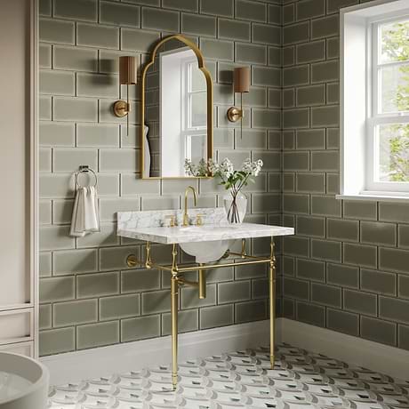 Napoleon Brushed Brass 30" Single Console with Carrara Marble Top Oval Sink and Backsplash
