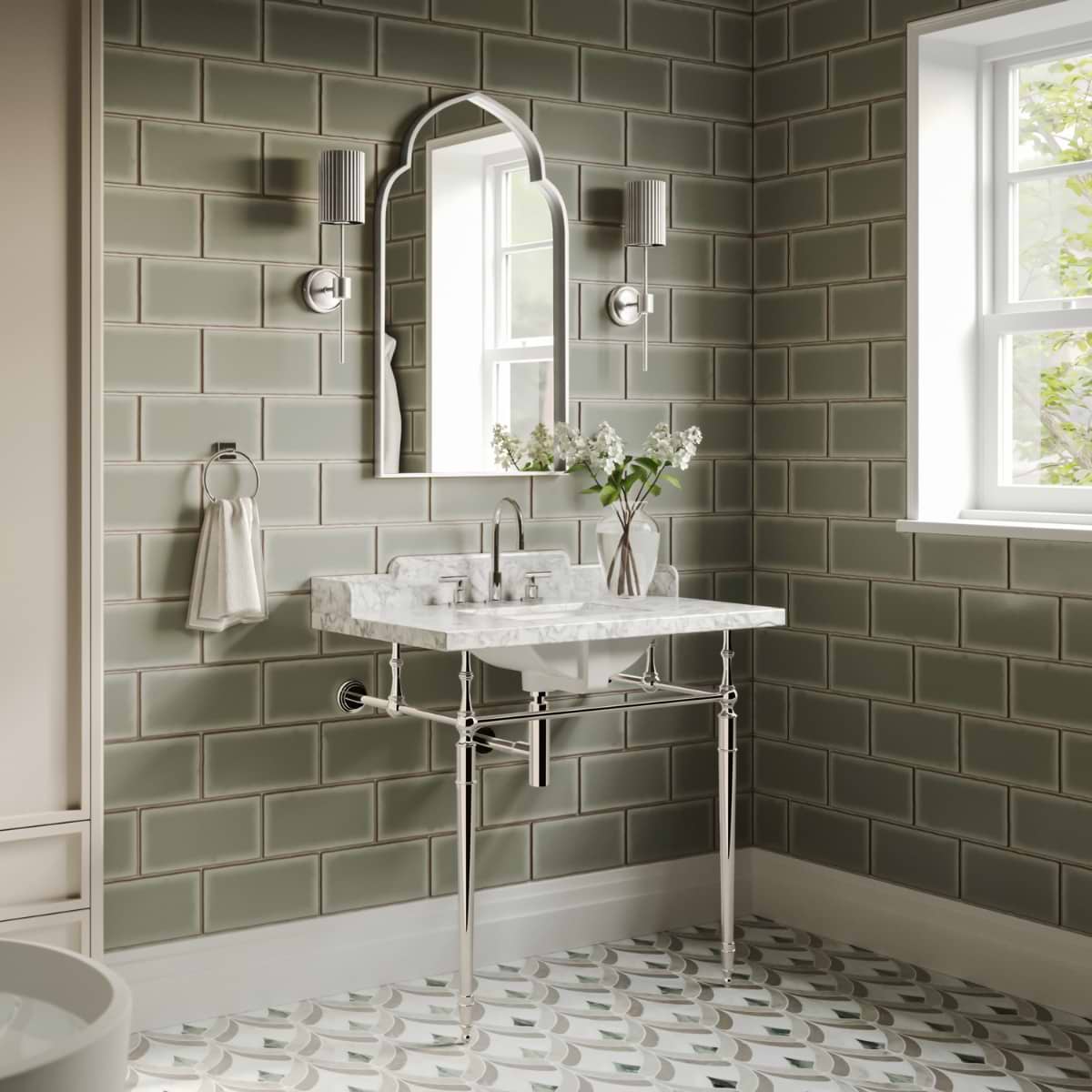 Napoleon Polished Nickel 36" Single Console with White Marble Top Square Sink and Side Plash; in Style Ideas Classic, Traditional, Transitional; released 2025; new, trends
