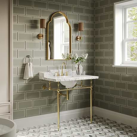 Napoleon Brushed Brass 36" Single Console with White Marble Top Oval Sink and Side Splash