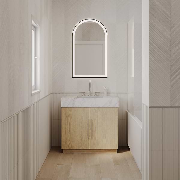 Aviva Brushed Black 24x40" Arched Aluminum Framed LED Wall Mount Bathroom Vanity Mirror in Brushed Black, View 3, open zoomed image