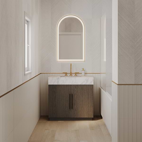 Aviva Brushed Gold 24x40" Arched Aluminum Framed LED Wall Mount Bathroom Vanity Mirror in Brushed Gold, View 3, open zoomed image