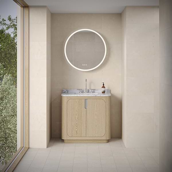 Radium Silver 32" Round Recessed or Wall Mounted Left-Hand LED Medicine Cabinet with Mirror in Silver, View 3, open zoomed image