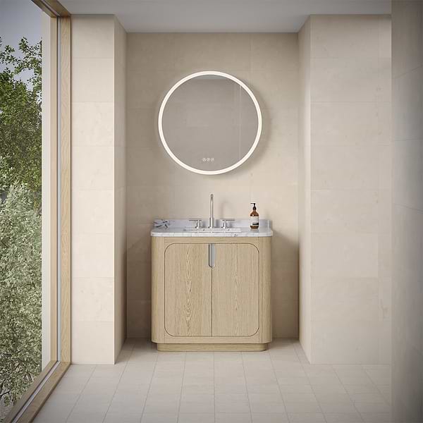 Radium Silver 32" Round Recessed or Wall Mounted Right-Hand LED Medicine Cabinet with Mirror in Silver, View 3, open zoomed image