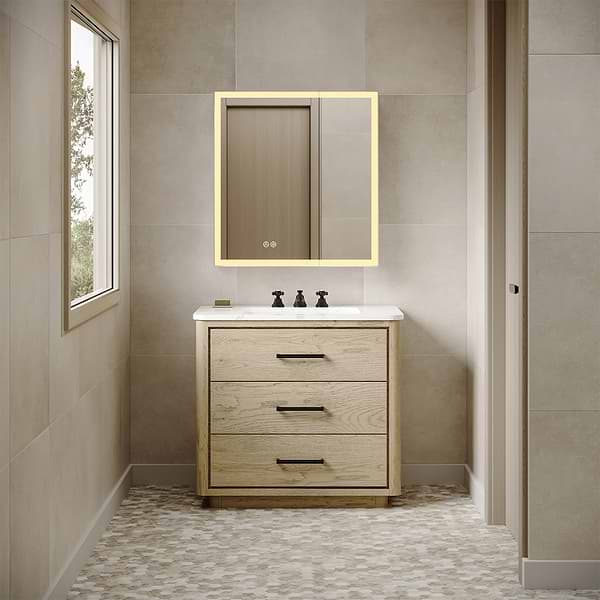 Mirava 30x32"  Rectangle Recessed or Wall Mounted Reversible LED Medicine Cabinet with Mirror in Silver, View 3, open zoomed image