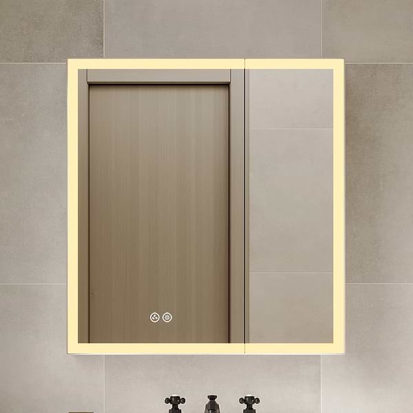Mirava 30x32"  Rectangle Recessed or Wall Mounted Reversible LED Medicine Cabinet with Mirror in Silver, View 1