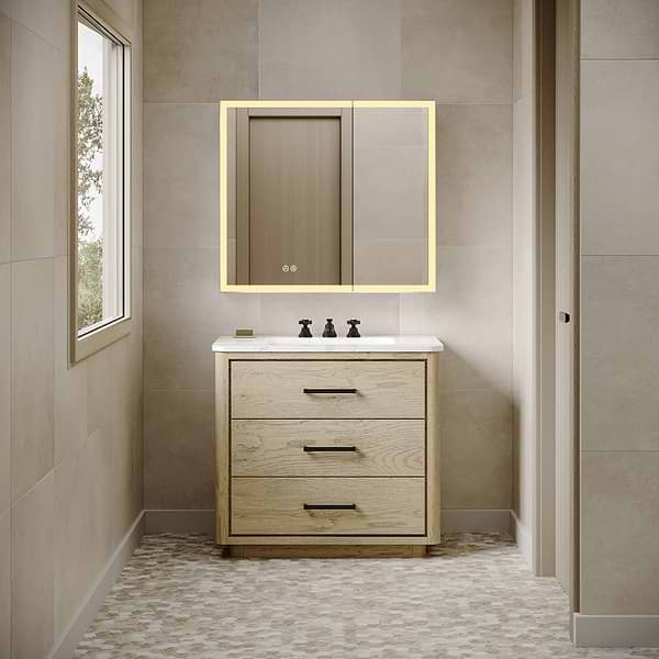 Mirava 36x32"  Rectangle Recessed or Wall Mounted Side by Side LED Medicine Cabinet with Mirror in Silver, View 3, open zoomed image