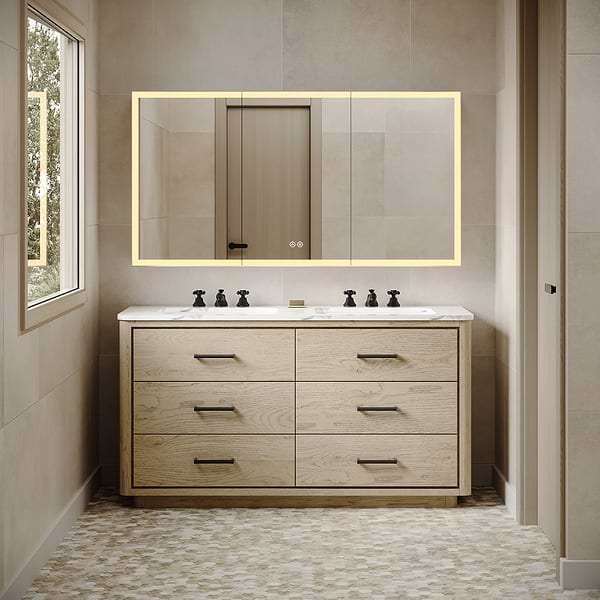 Mirava 60x32"  Rectangle Recessed or Wall Mounted Side by Side LED Medicine Cabinet with Mirror in Silver, View 3, open zoomed image