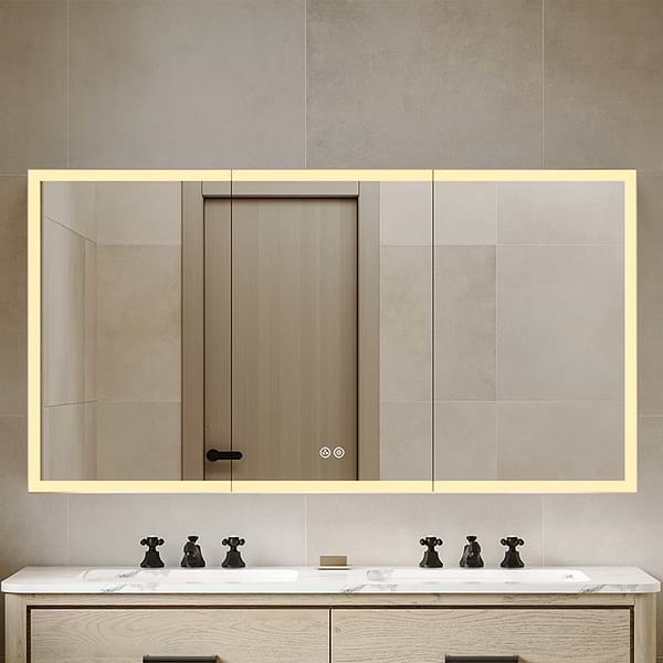 Mirava 60x32"  Rectangle Recessed or Wall Mounted Side by Side LED Medicine Cabinet with Mirror in Silver, View 1