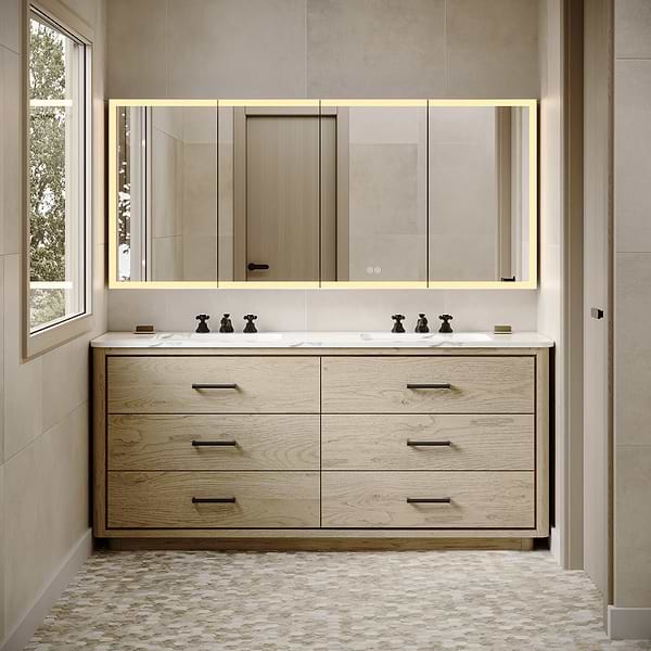 Mirava 72x32"  Rectangle Recessed or Wall Mounted Side by Side LED Medicine Cabinet with Mirror in Silver, View 3, open zoomed image