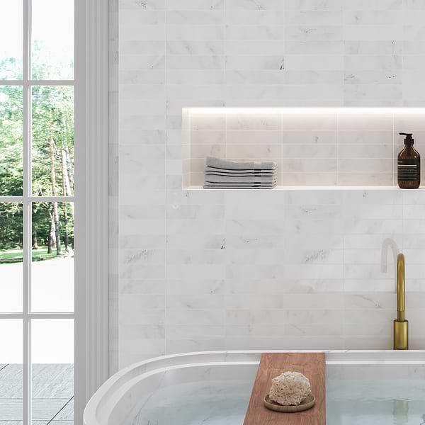 Brushed Stone Asian Statuary White 2x8 Brushed Marble Subway Tile