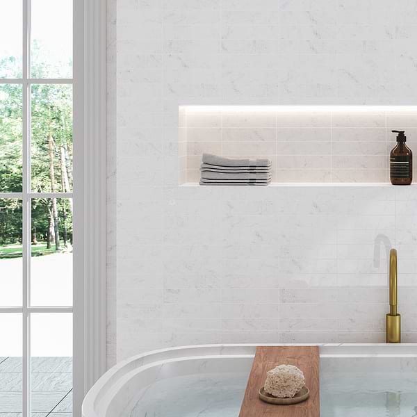 Brushed Stone Carrara White 2x8 Brushed Marble Subway Tile