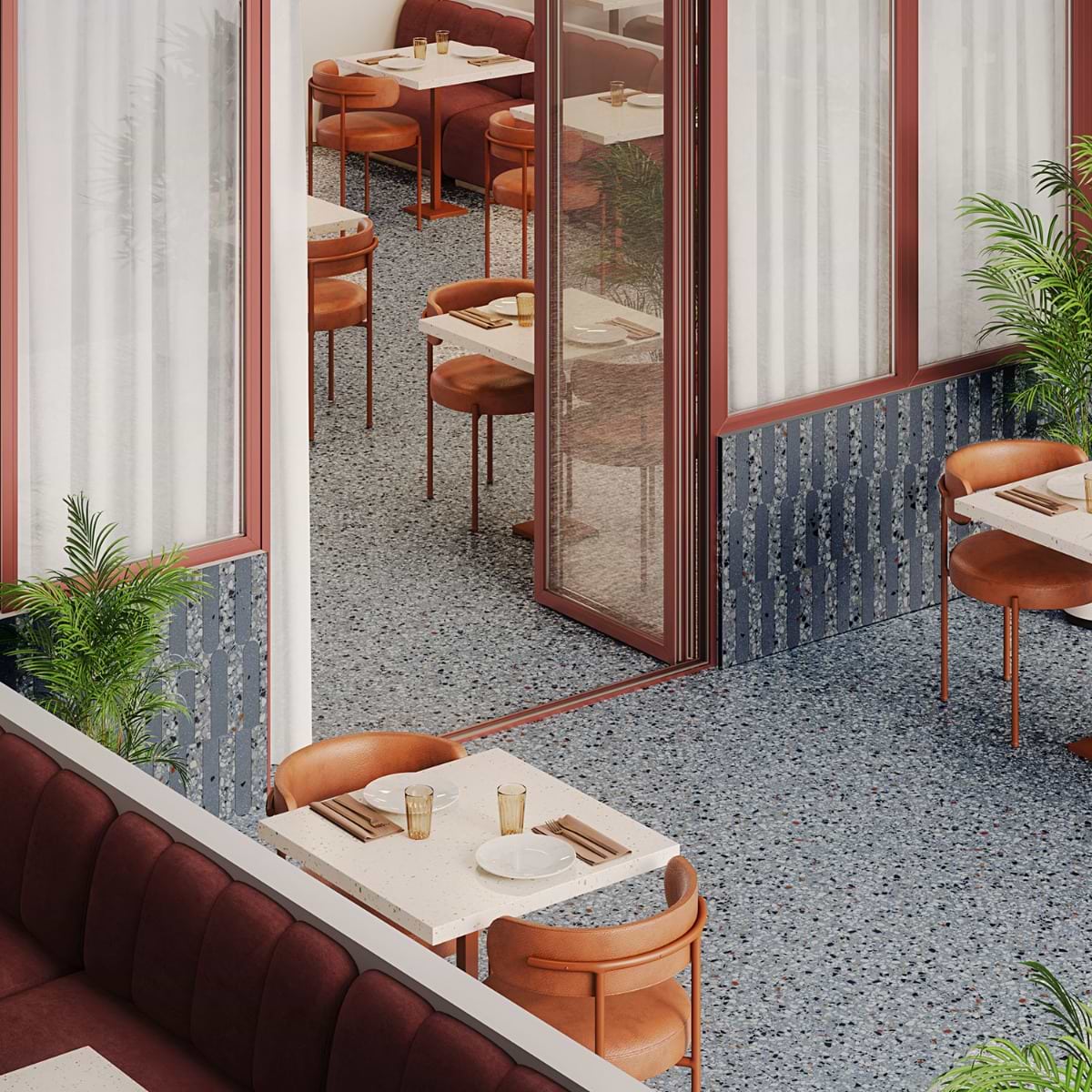 Kobe Flakes Ocean Blue 24x24 Terrazzo Look Matte Porcelain Tile; in Blue with Multicolored Chips Colorbody Porcelain; for Backsplash, Bathroom Floor, Bathroom Wall, Commercial Floor, Floor Tile, Kitchen Floor, Kitchen Wall, Outdoor Floor, Outdoor Wall, Pool Tile, Shower Floor, Shower Wall, Wall Tile; in Style Ideas Beach, Contemporary, Craftsman, Industrial, Mid Century, Modern