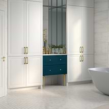 Alma Turquoise 30" Vanity with Gold Legs & Knobs with Integrated White Solid Surface Top