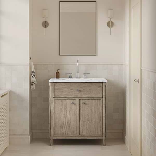 Ashford Greige Ash 30" Single Vanity with Carrara Marble Top by TileBar Studio Vanities, View 1