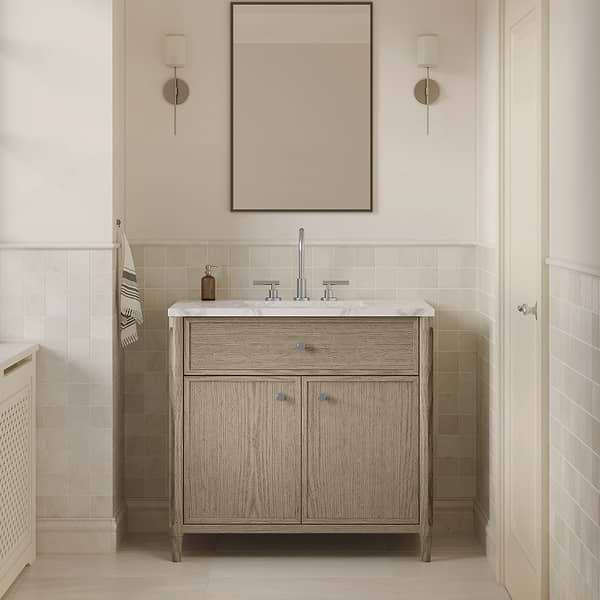 Ashford Greige Ash 36" Single Vanity with Carrara Marble Top by TileBar Studio Vanities, View 1