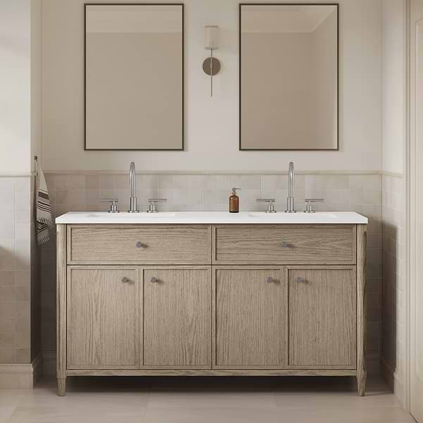 Ashford Greige Ash 60" Double Vanity with White Quartz Top by TileBar Studio Vanities, View 1