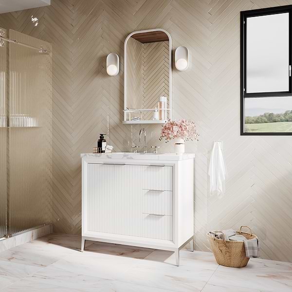 Finestra 34x74" Reversible Fixed Shower Door with Fluted Glass in Stainless Steel