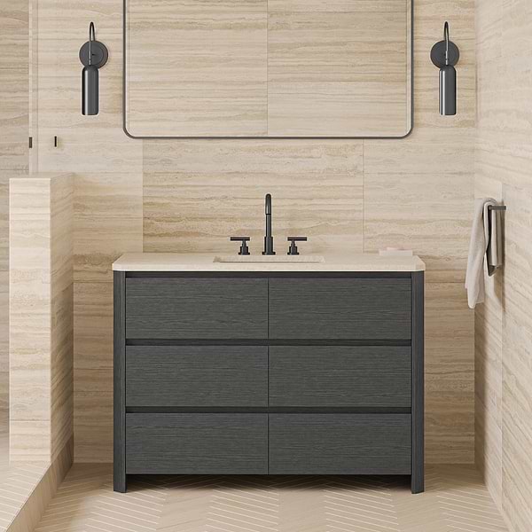 Dalton Ebony Oak 48" Single Vanity with Romano Travertine Top by TileBar Studio Vanities, View 1