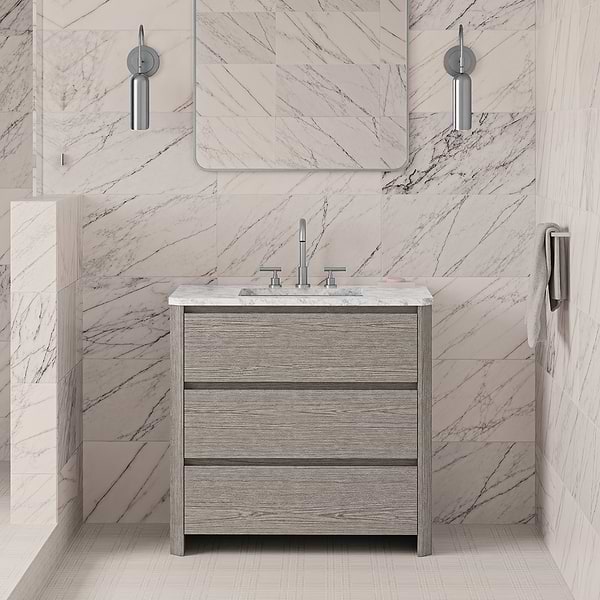 Dalton Steel Oak 36" Single Vanity with Carrara Marble Top by TileBar Studio Vanities, View 1