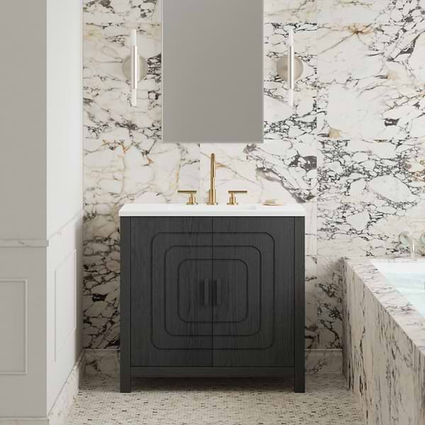Emett Ebony Oak 36" Single Vanity with White Quartz Top by TileBar Studio Vanities, View 1
