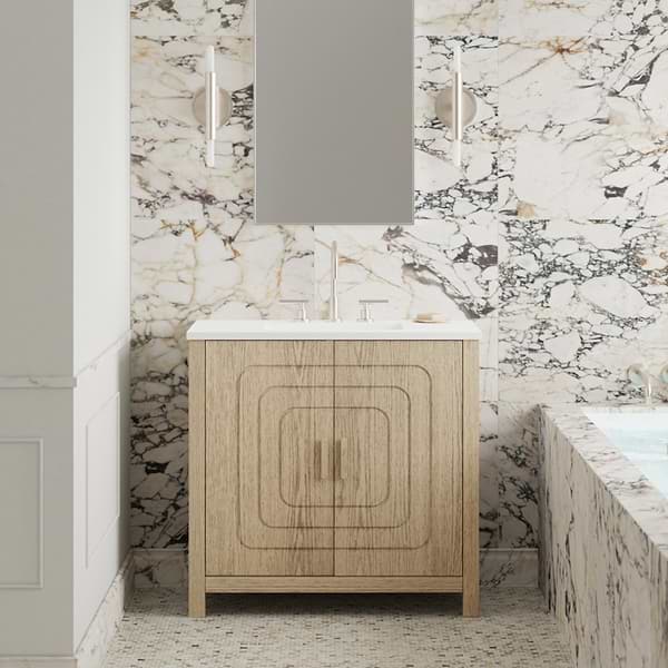 Emett Medium Ash 36" Single Vanity with White Quartz Top by TileBar Studio Vanities, View 1