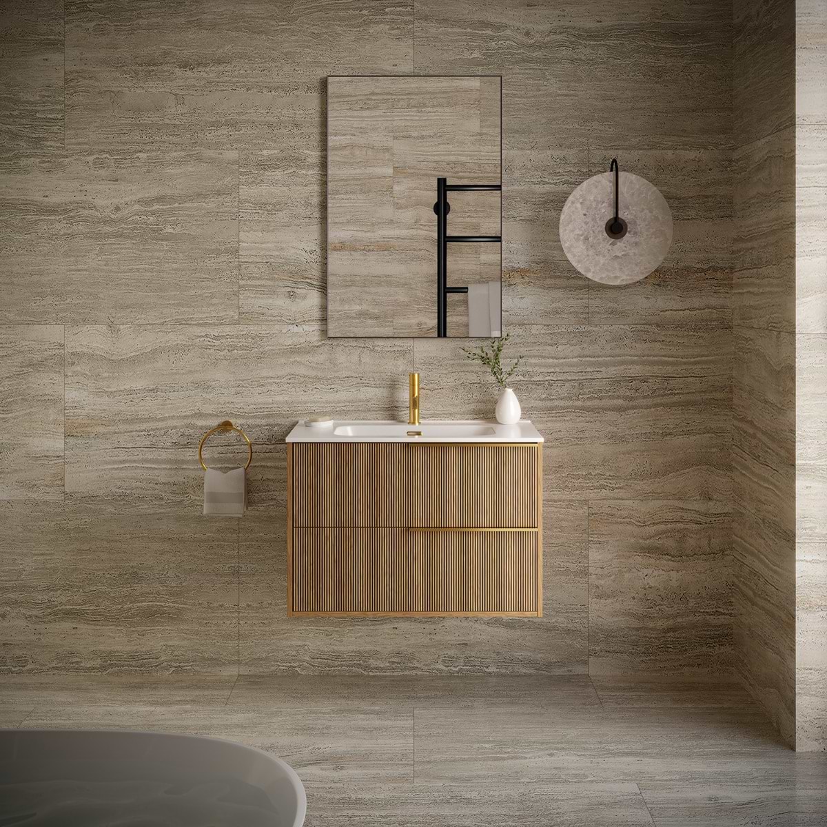 Kora Art Art Faux Fluted 32" Single Vanity with Integrated White Ceramic Top & Gold Handles; in Style Ideas Art Deco, Contemporary, Industrial, Modern, Transitional