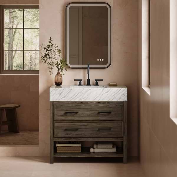 Rowan Espresso Oak 36" Single Vanity with Carrara Marble Top by TileBar Studio Vanities, View 1