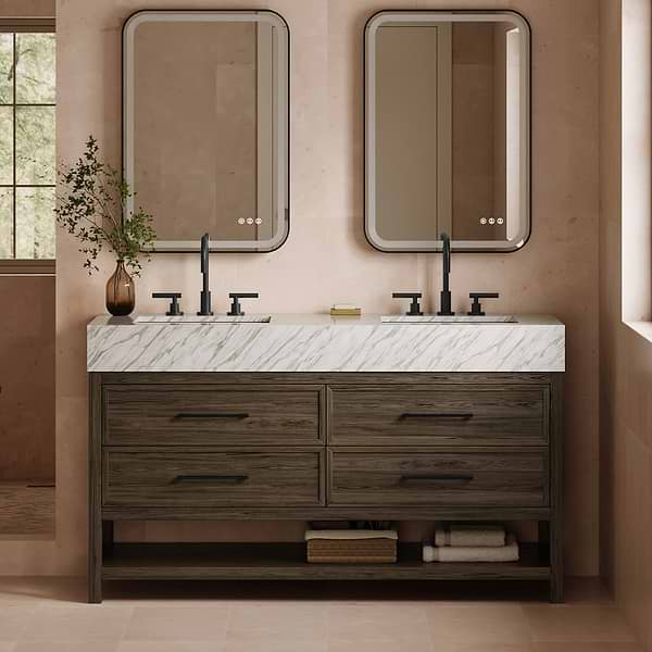 Rowan Espresso Oak 60" Double Vanity with Carrara Marble Top by TileBar Studio Vanities, View 1