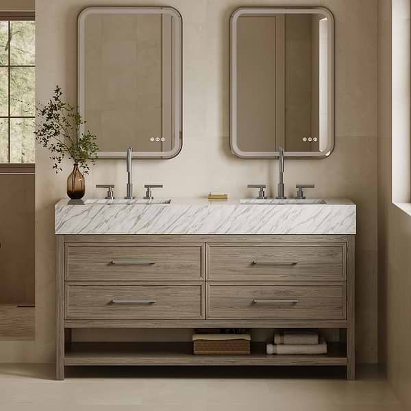 Rowan Greige Ash 60" Double Vanity with Carrara Marble Top by TileBar Studio Vanities, View 1