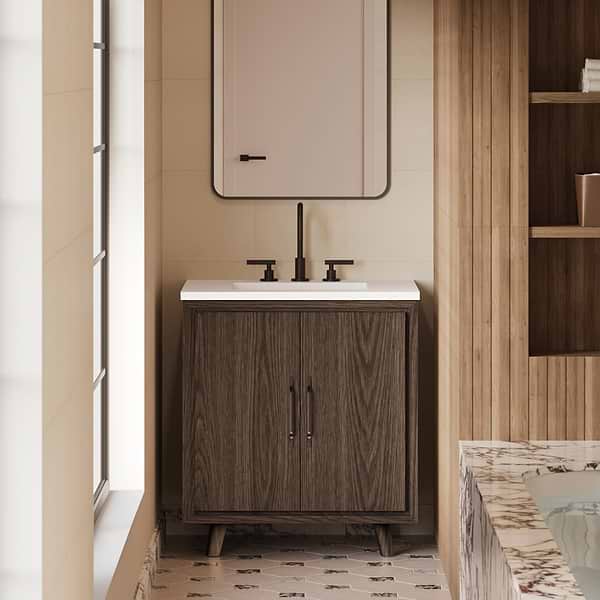 Setton Espresso Oak 30" Single Vanity with White Quartz Top by TileBar Studio Vanities, View 1