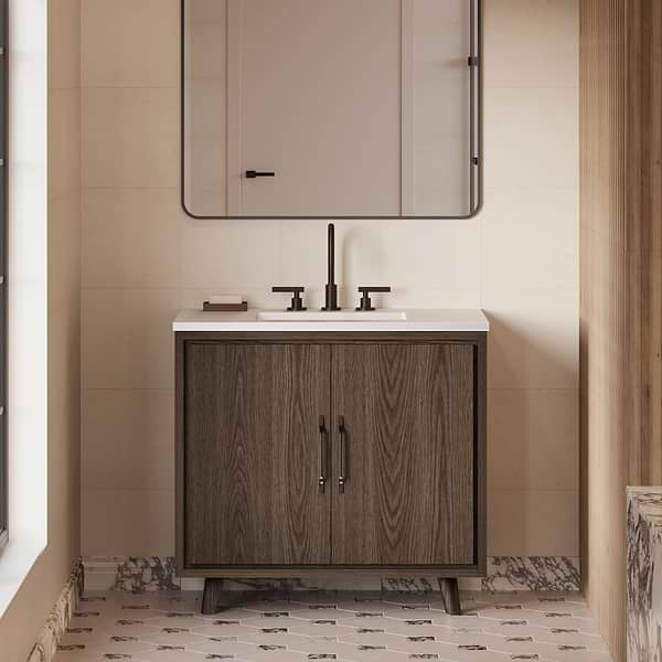 Setton Espresso Oak 36" Single Vanity with White Quartz Top by TileBar Studio Vanities, View 1
