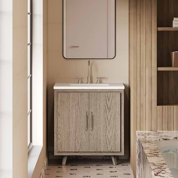 Setton Greige Ash 30" Single Vanity with White Quartz Top by TileBar Studio Vanities, View 1