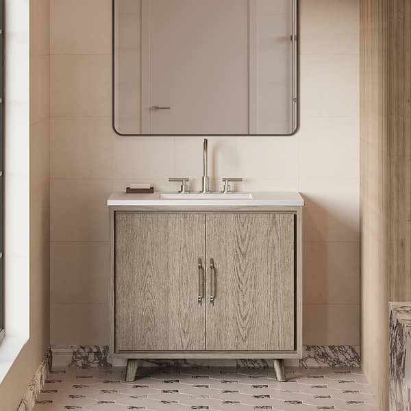 Setton Greige Ash 36" Single Vanity with White Quartz Top by TileBar Studio Vanities, View 1