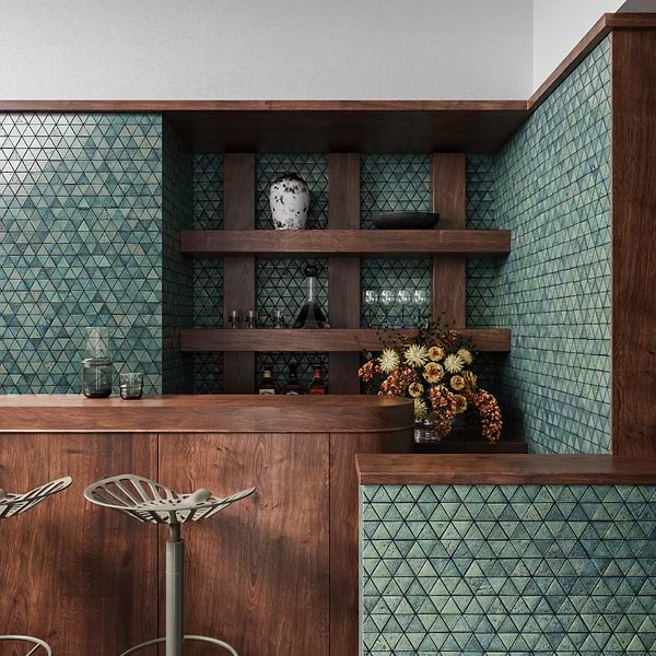 Bushwick Aquamarine Green 2" Triangle Glossy Lava Stone Mosaic Tile