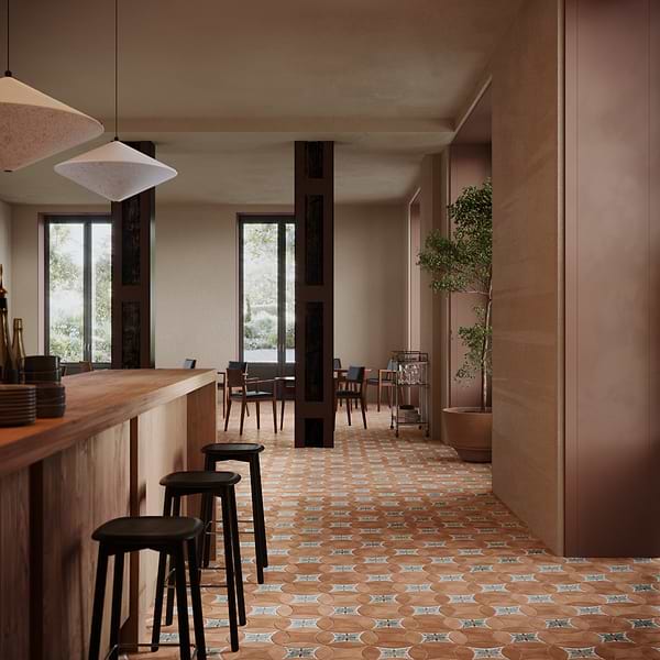 Raval Canyon Terracotta 3x8 Petal and 6x6 Kite with Deco Amelia Multicolor Kite Matte Porcelain Tile