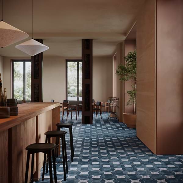 Raval Denim Blue 3x8 Petal and 6x6 Kite with Deco Juliana Blue Kite Matte Porcelain Tile
