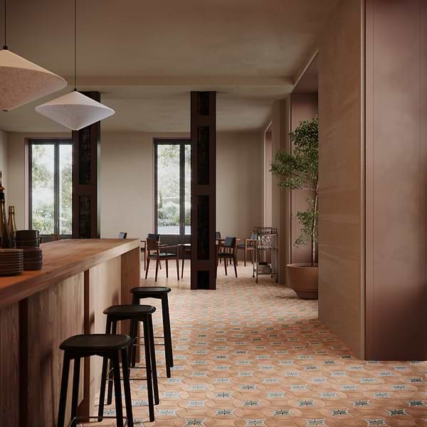 Raval Peach Terracotta 3x8 Petal and 6x6 Kite with Deco Amelia Multicolor Kite Matte Porcelain Tile